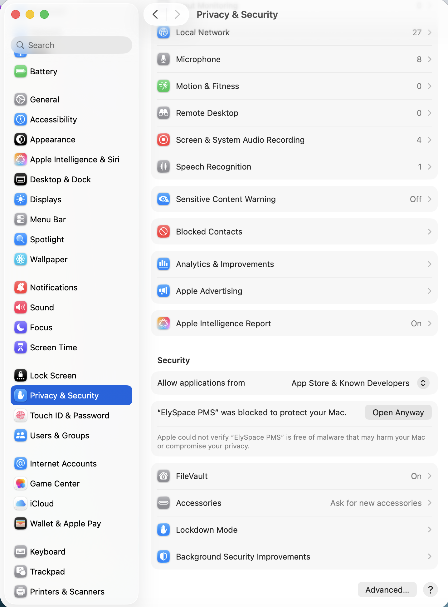 macOS Privacy & Security panel with the Open Anyway button highlighted for ElySpace PMS